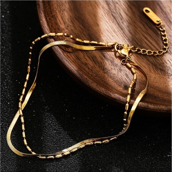 NEW Double Layer Gold Snake Herringbone Chain Ankle Bracelet Anklet - Picture 1 of 7